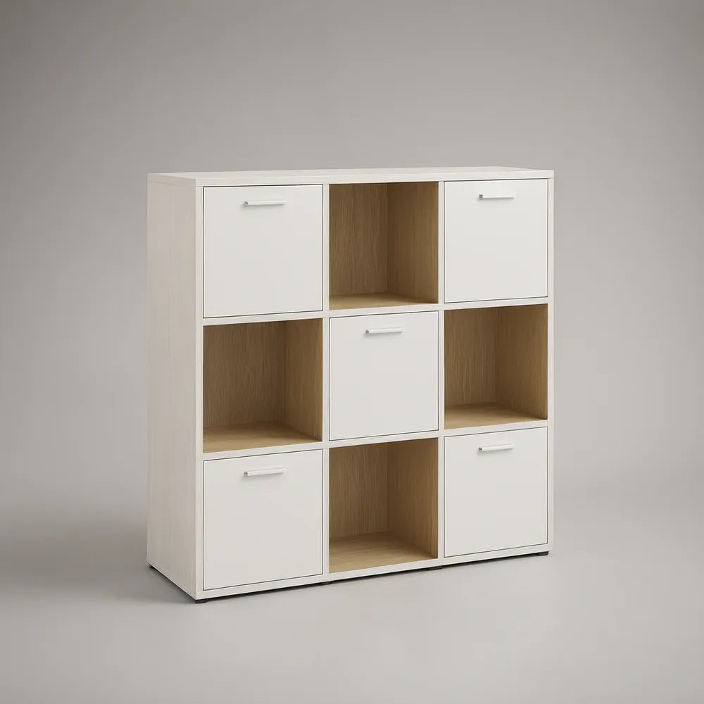 Estante com 9 Compartimentos e 5 Portas em MDF Branco e Carvalho, 90 x 30 x 90 cm