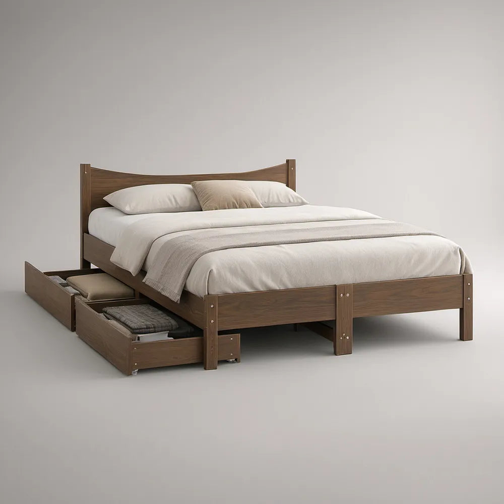 Cama de Casal 160 x 200 cm com Gavetão em Madeira de Engenharia Castanho Nogueira