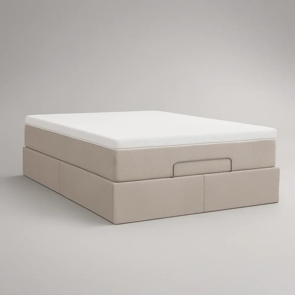 Cama de Casal Estofada com Arrumação e Colchão 160 x 200 cm em Bege e Branco