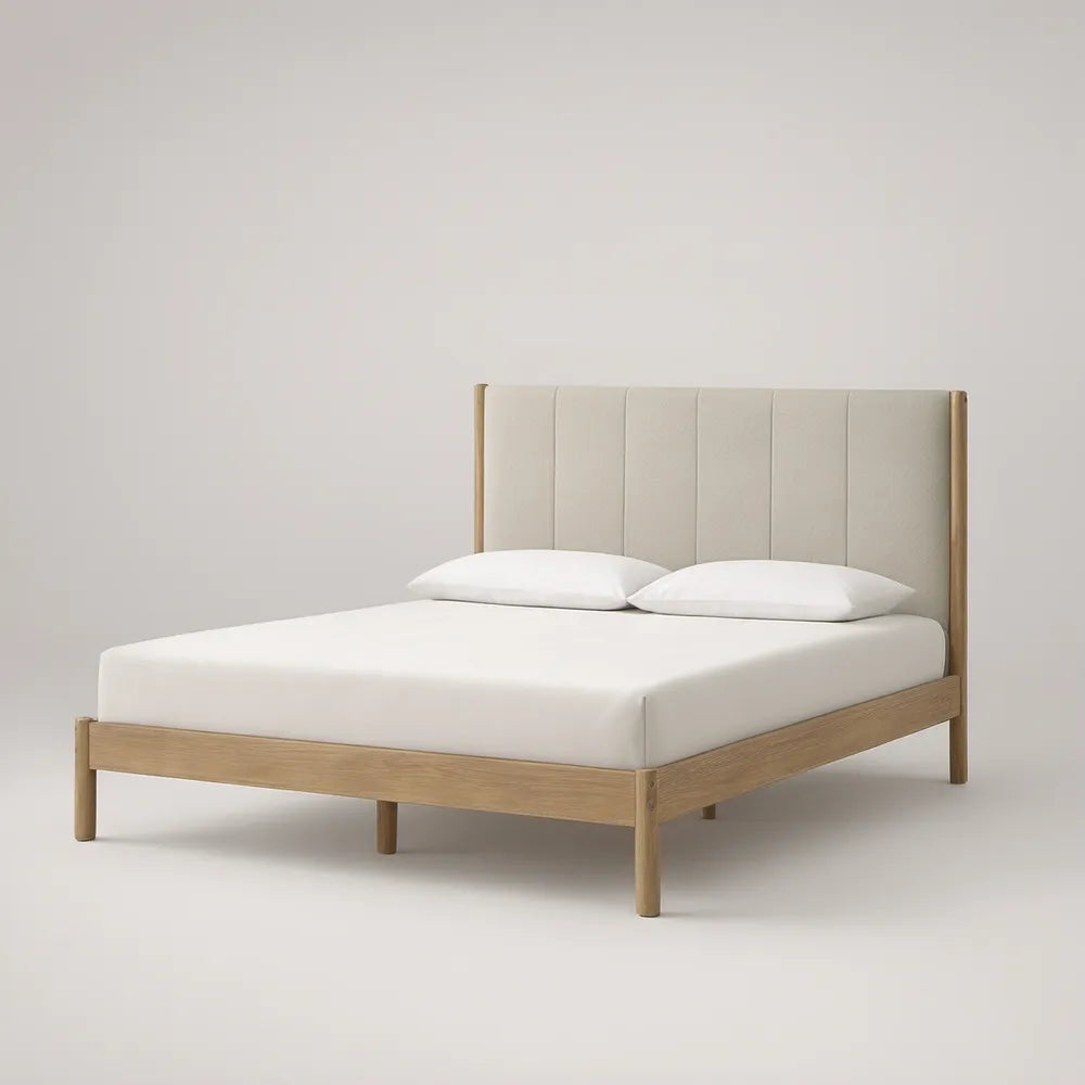 Cama de Casal 160 x 200 cm com Cabeceira Estofada em Carvalho Claro e Bege