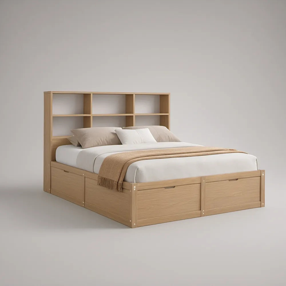 Cama de Casal com Arrumação e Cabeceira com Prateleiras em MDF Carvalho Claro 160 x 200 cm