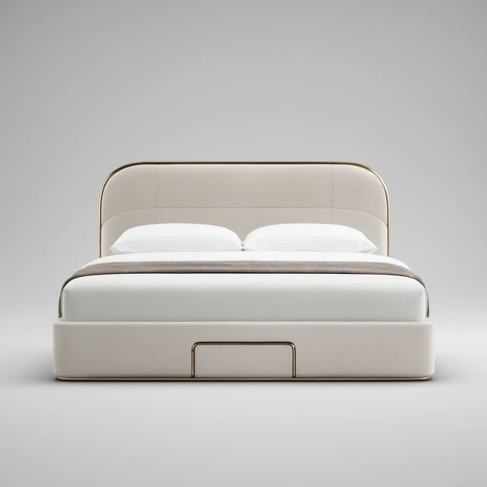 Cama de Casal Estofada em PU Bege e Dourado 160 x 200 cm com Cabeceira Arredondada