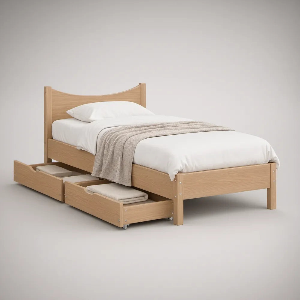 Cama individual em carvalho claro com 2 gavetas, para colchão 90 x 190 cm