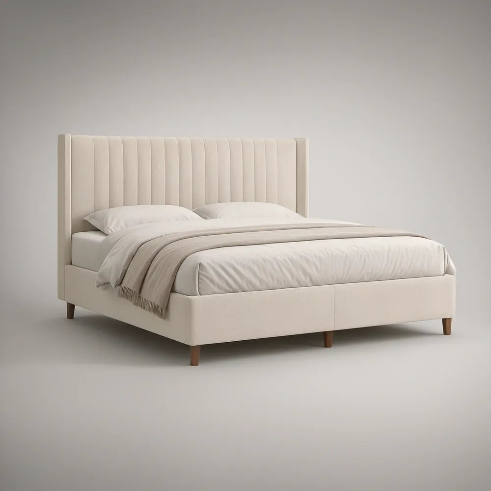 Cama de Casal Estofada Bege 160 x 200 cm com Cabeceira Vertical