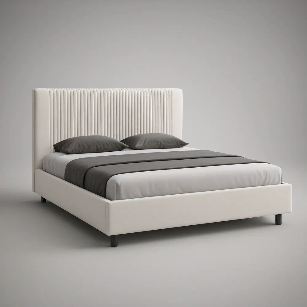 Cama de Casal Estofada 160 x 200 cm com Cabeceira Canelada em Poliéster Branco