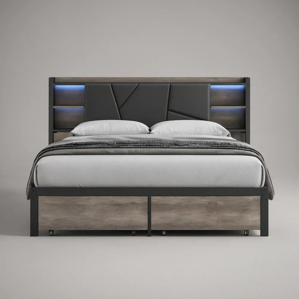Cama de Casal 160 x 200 cm com Gavetas e Cabeceira Iluminada em Preto e Cinzento