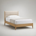 Cama Individual 90 x 200 cm em Carvalho Natural com Cabeceira Estofada Bege