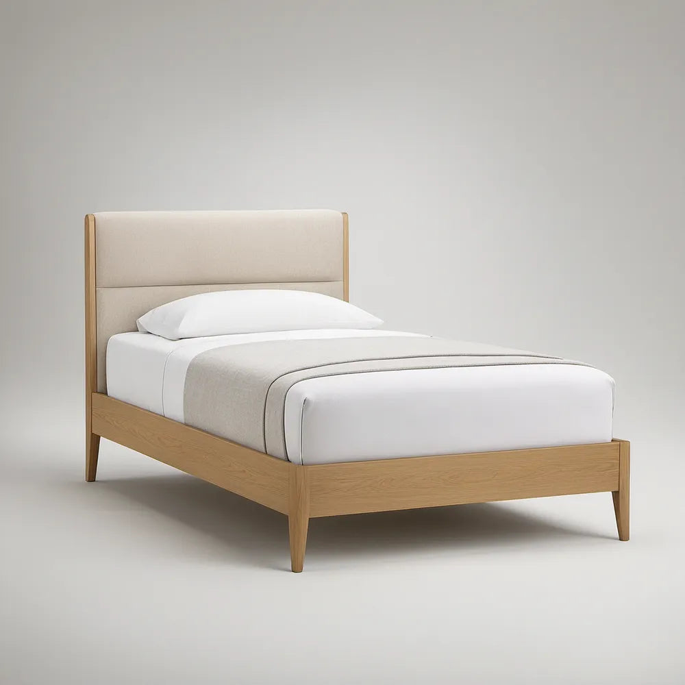 Cama Individual 90 x 200 cm em Carvalho Natural com Cabeceira Estofada Bege