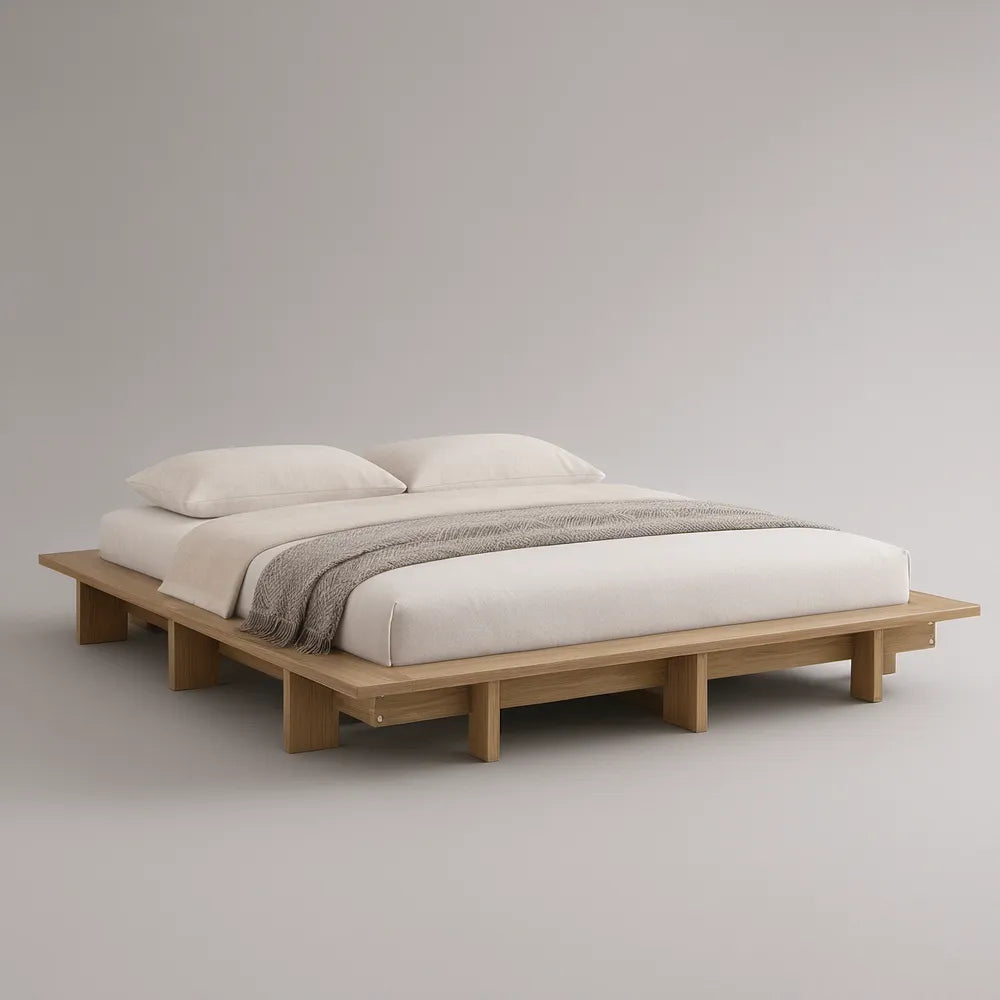 Cama de Casal Baixa sem Cabeceira em Madeira Maciça Natural para Colchão 180 x 200 cm
