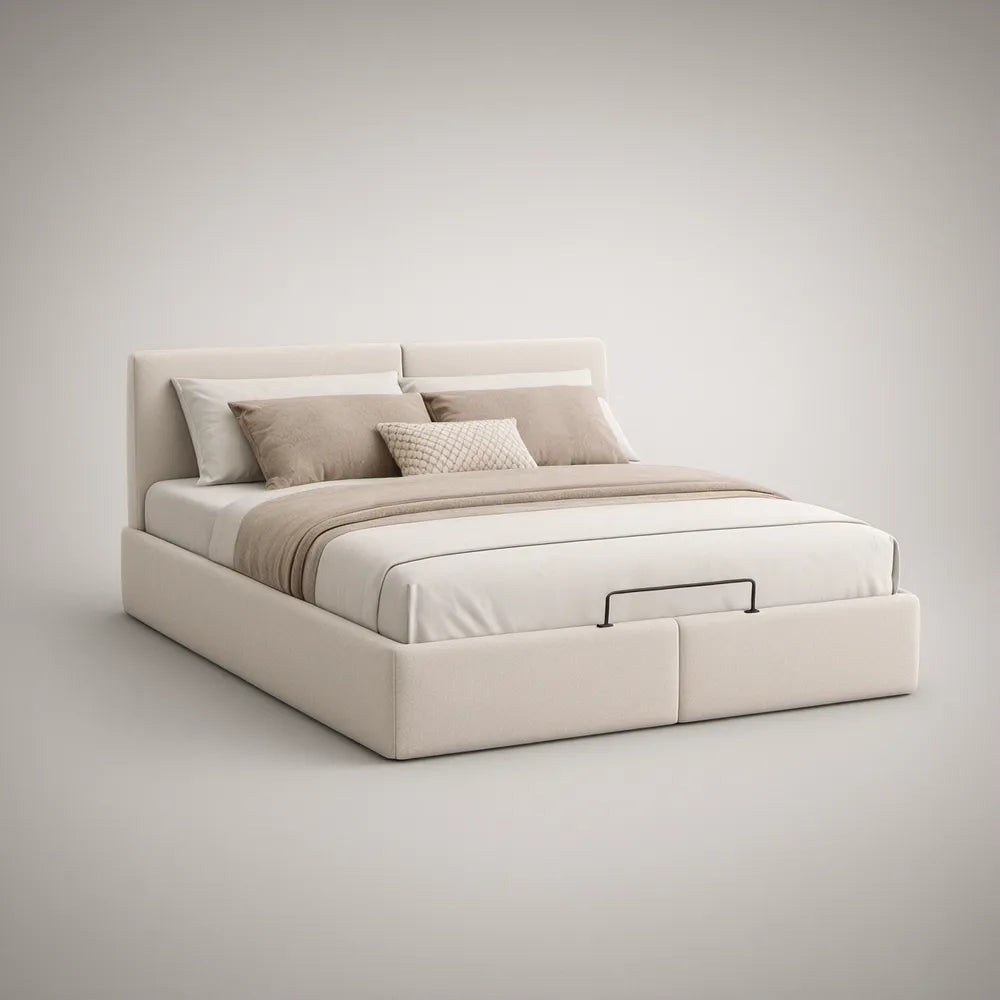 Cama de Casal Estofada com Arrumação Frontal, 160 x 200 cm, Bege Claro